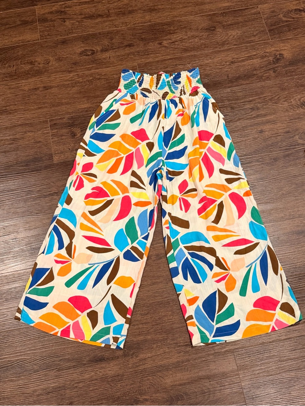 Wide Leg Smocked Waist Floral Leaf Print Pants - Multicolor